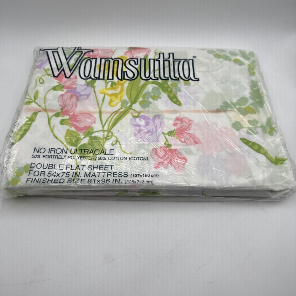Wamsutta FULL Size Flat Bed Sheet Sweet Pea Pattern Percale Double Vintage 70s